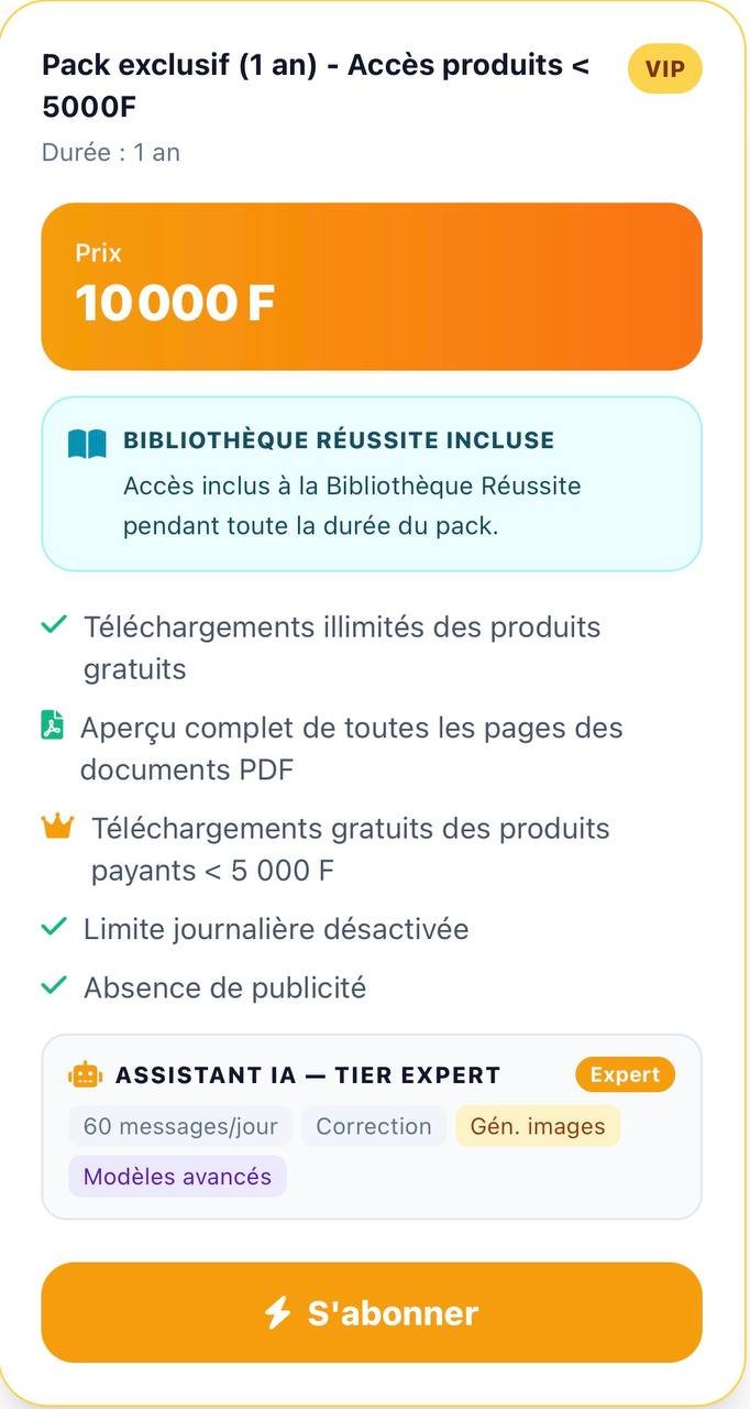 Pack exclusif (1 an) - Accès produits < 5000F
