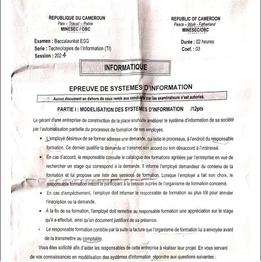 Bac TI 2024 Informatique - épreuve de Systèmes Information PDF Cameroun