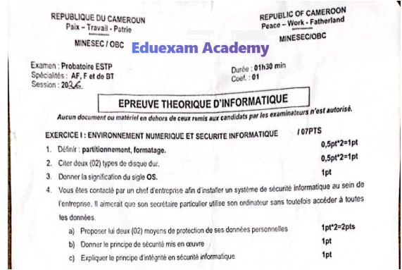 Épreuve d'Informatique - Probatoire AF, F et BT 2026 (MINESEC/OBC)