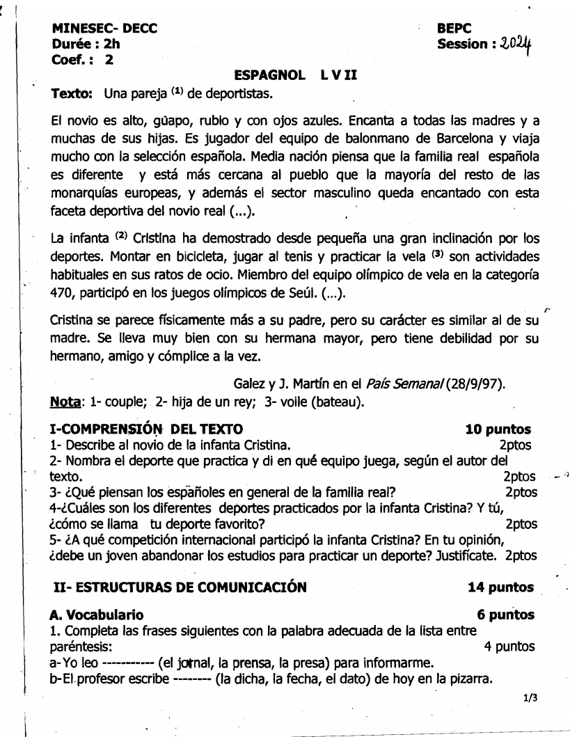 BEPC Espagnol 2024 Cameroun PDF + Corrigé