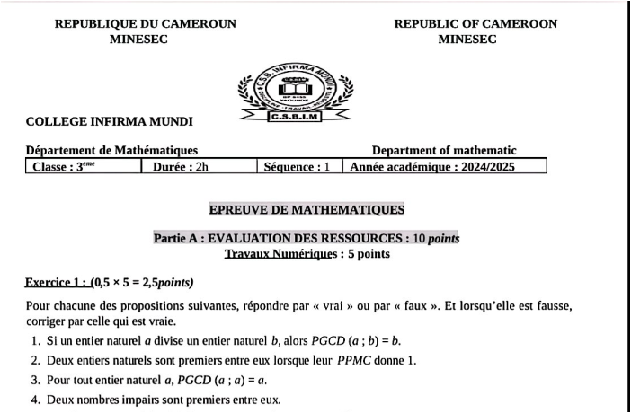 Épreuves de Mathématiques Séquence 1 – Classe de 3ème cameroun
