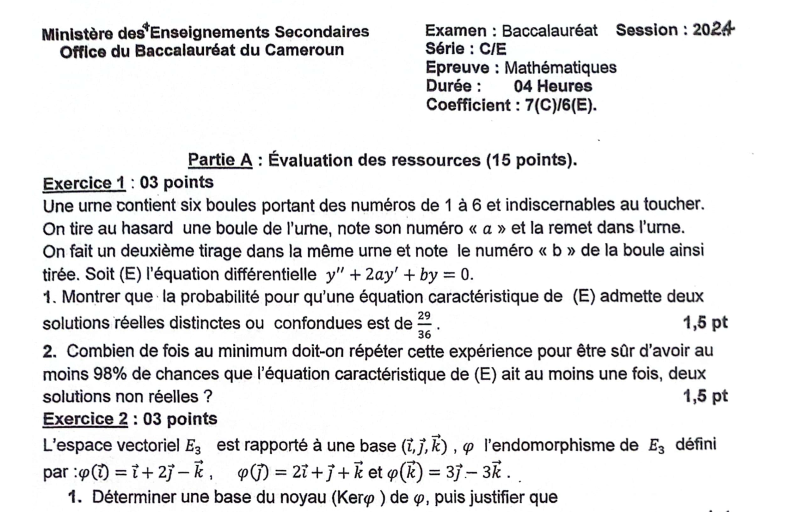 épreuve corrigée de mathématique BAC C, E - 2024