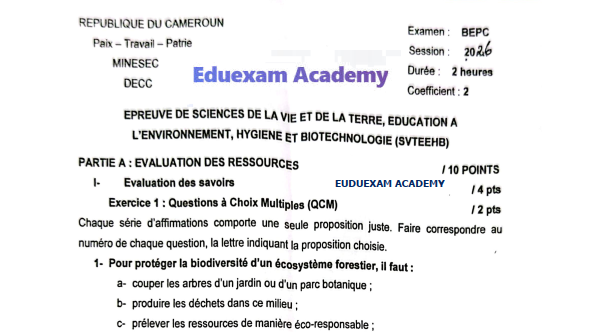 Épreuve de SVTEEHB au BEPC — Session 2026