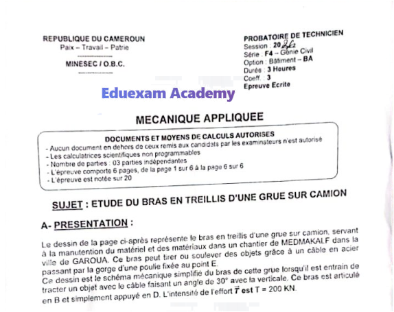 Épreuve de Mécanique Appliquée - Probatoire F4-BA (Génie Civil, option Bâtiment) 2026