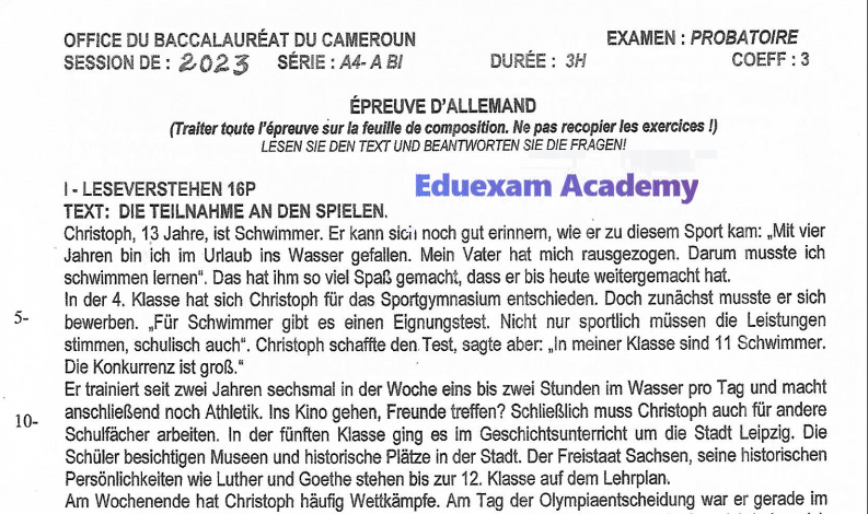 Épreuve Probatoire A 2023 - Allemand 1ere 2023