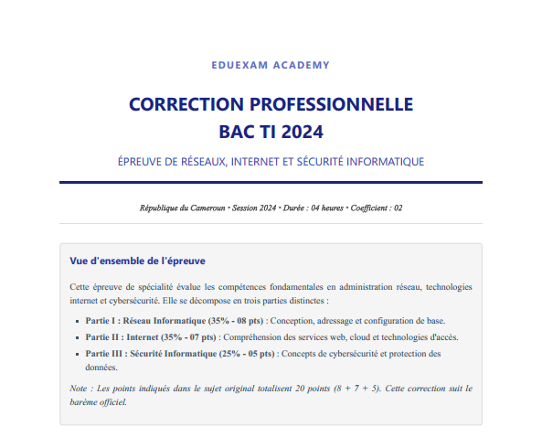 Corrigé BAC TI 2024 Réseaux Internet et Sécurité Informatique Cameroun PDF