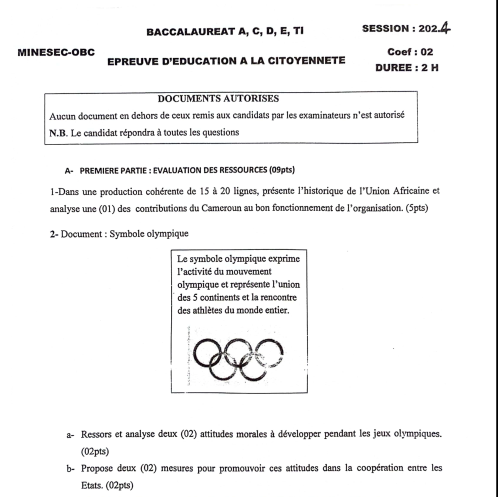 Bac 2024 ECM – Épreuve officielle PDF Cameroun