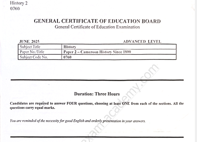 GCE Advenced level History Paper 2 – Cameroon History Since 1800 – June 2025