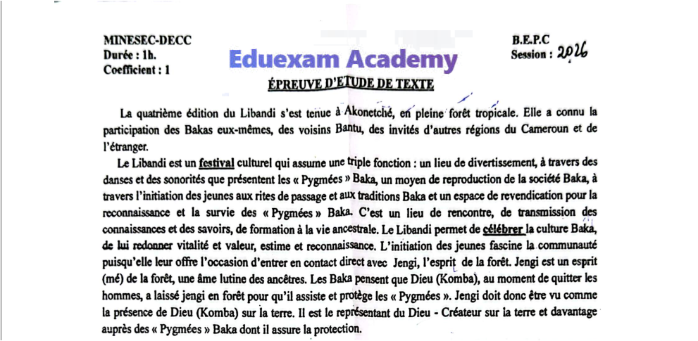 Épreuve d'Étude de Texte au BEPC — Session 2026