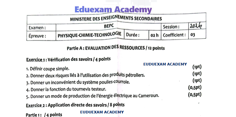 Épreuve de Physique-Chimie-Technologie (PCT) au BEPC — Session 2026