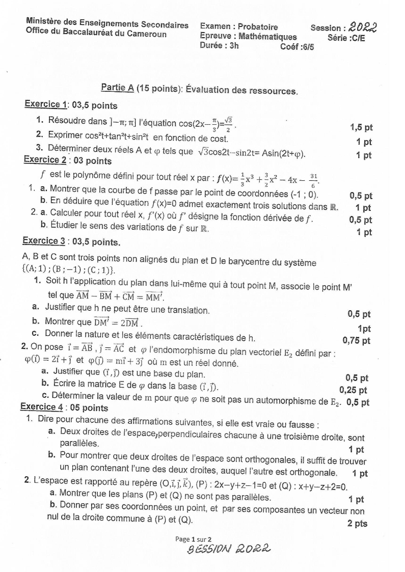 Probatoire C 2022 - Maths
