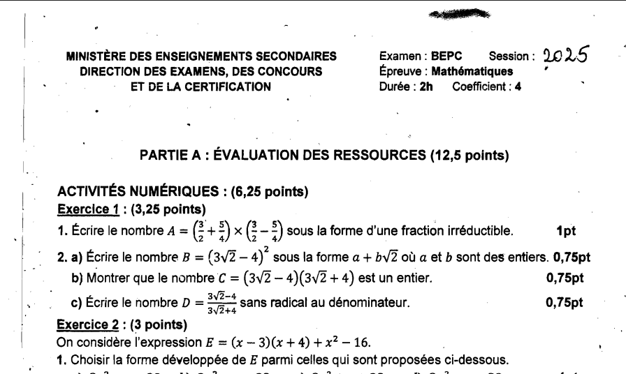 Épreuve BEPC 2025 - Maths 3eme 2025