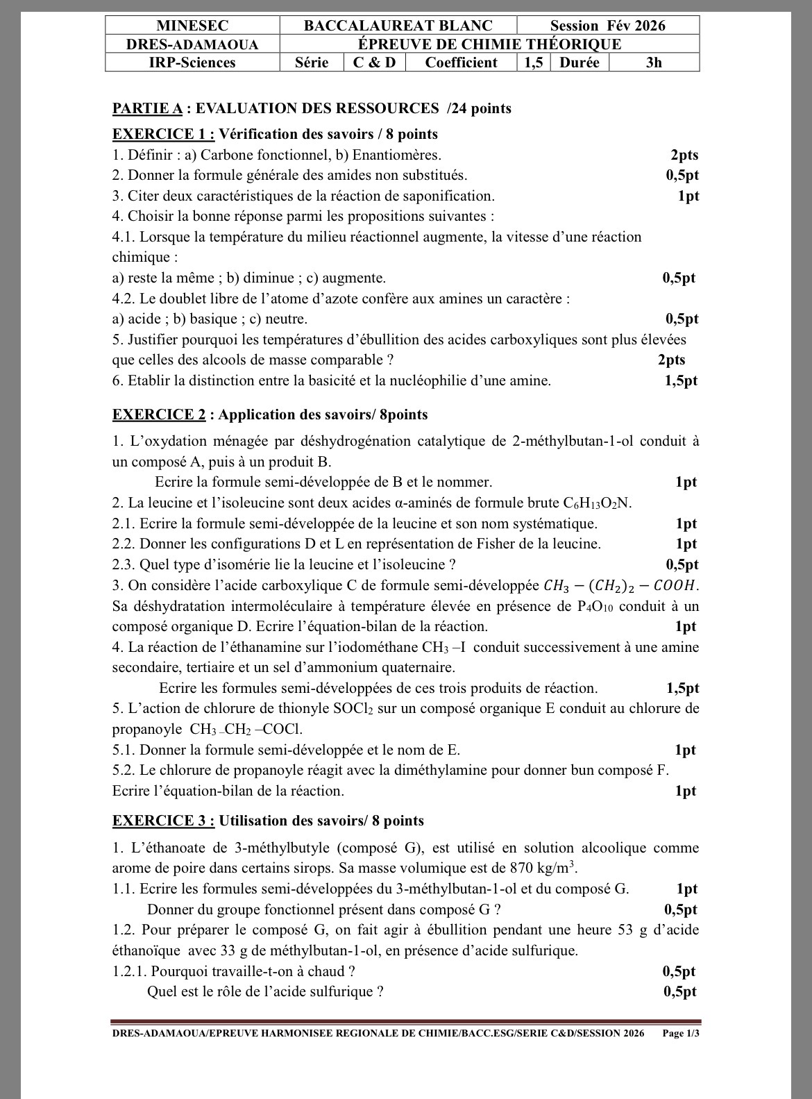 Épreuve du Bac blanc Chimie Terminale 2026