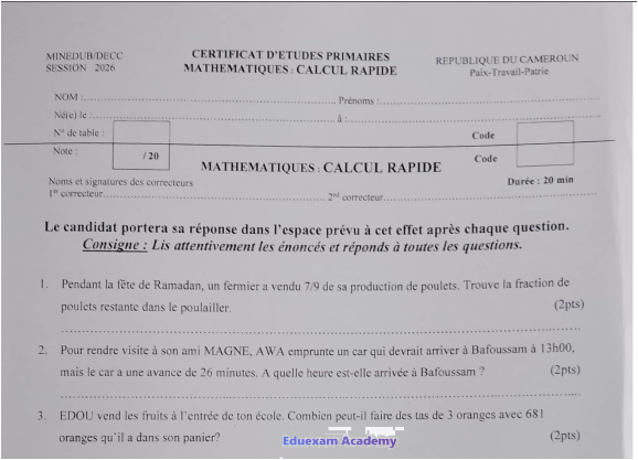 Épreuve CEP Calcul Rapide 2026 Cameroun - Mathématiques CM2