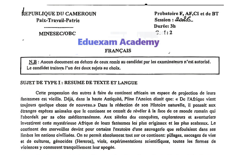 Épreuve de Français - Probatoire F, AF, CI, BT 2026