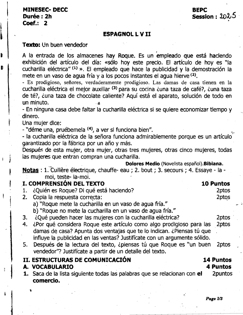 BEPC Espagnol 2025 Cameroun PDF + Corrigé