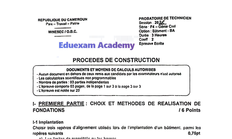 Épreuve de Procédés de Construction - Probatoire F4-BA (Génie Civil, option Bâtiment) 2026