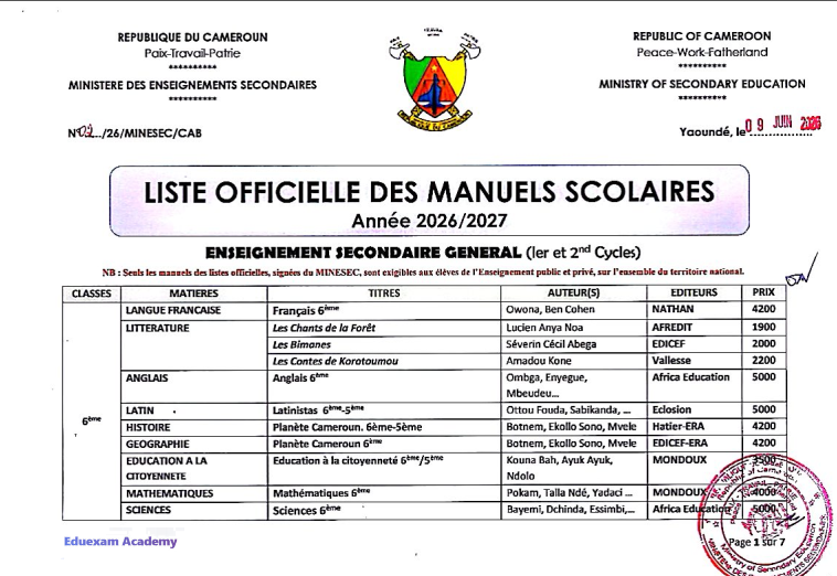 Liste Officielle des Manuels Scolaires ESG Cameroun 2026-2027 PDF