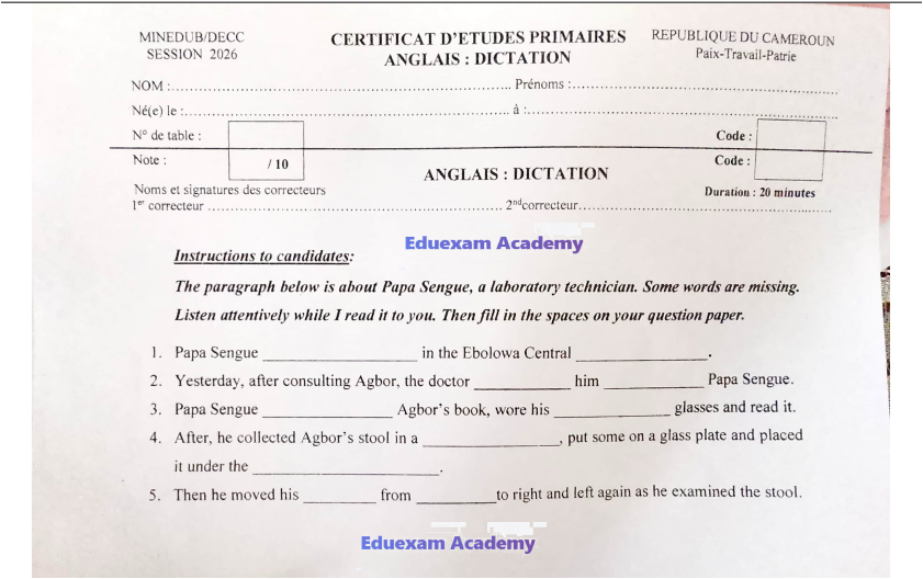Épreuve CEP Anglais Dictation 2026 Cameroun - CM2 PDF