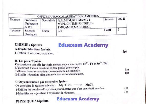 Épreuve de Sciences Physiques - Probatoire BT 2026 (F1, F4, MEM, GT, CMA/MVT-MVPL, CH-TI, IS-RH, TGF, IB-TMG, AMEB, MAGE, BIJO)