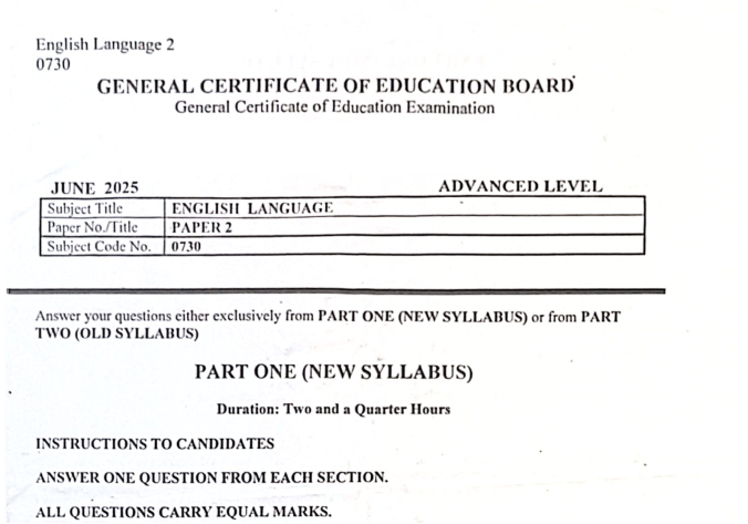 GCE A/L English Language Paper 2 – New Syllabus – June 2025