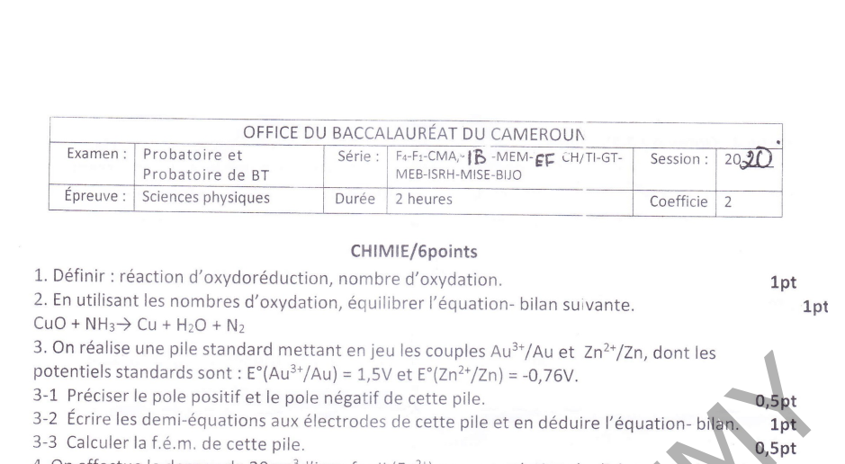 Probatoire F4 Génie Civil 2020 Science Physique Cameroun PDF