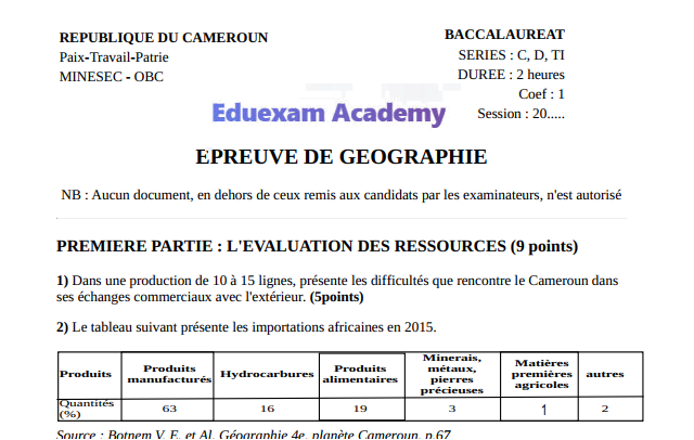 Épreuve de Géographie au Baccalauréat Séries C, D, E et TI — Session 2026