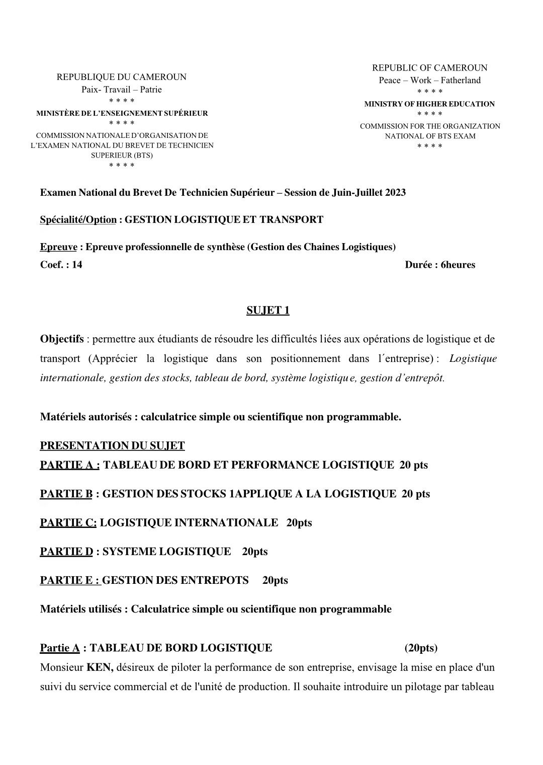 BTS GLT 2023 – Épreuve Professionnelle de Synthèse (Gestion des Chaînes Logistiques)