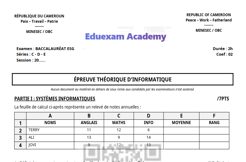 Épreuve Théorique d'Informatique au Baccalauréat Séries C, D et E — 2026