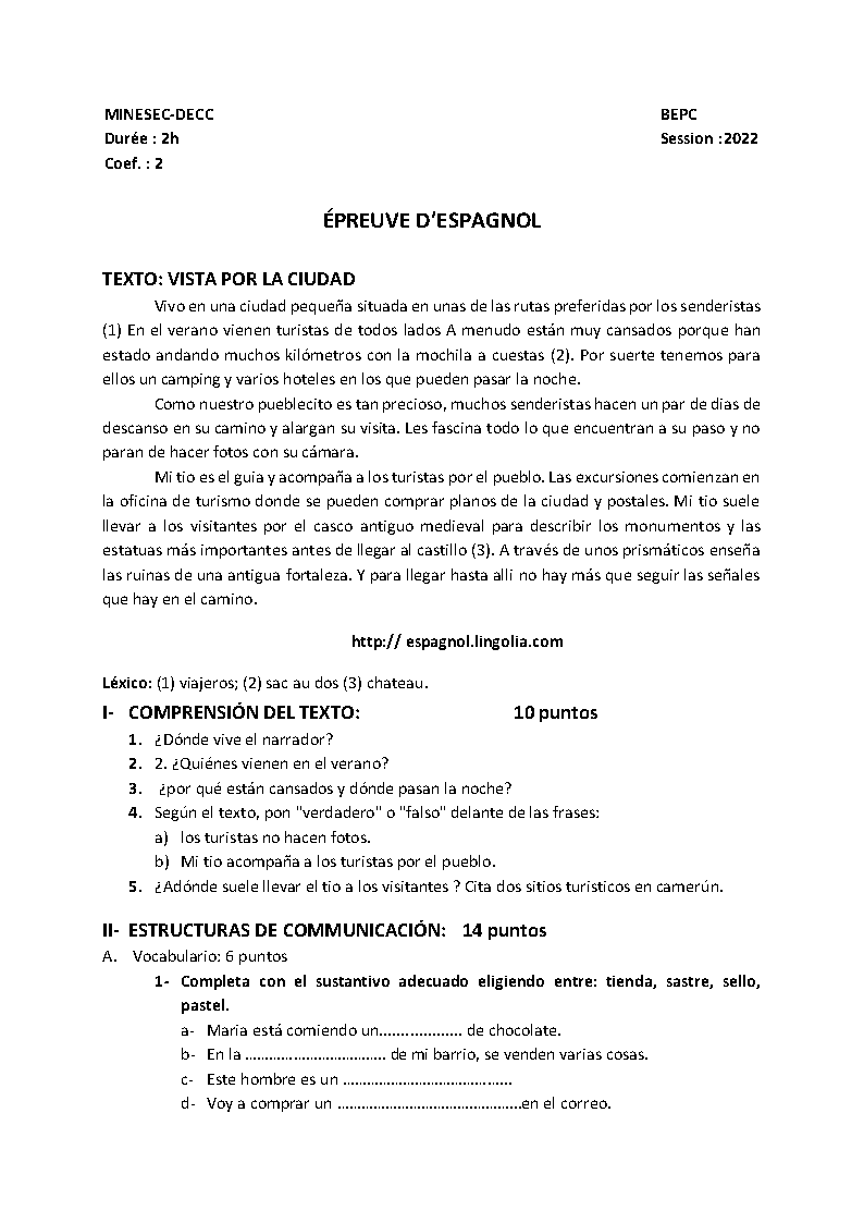 BEPC Espagnol 2022 Cameroun PDF + Corrigé