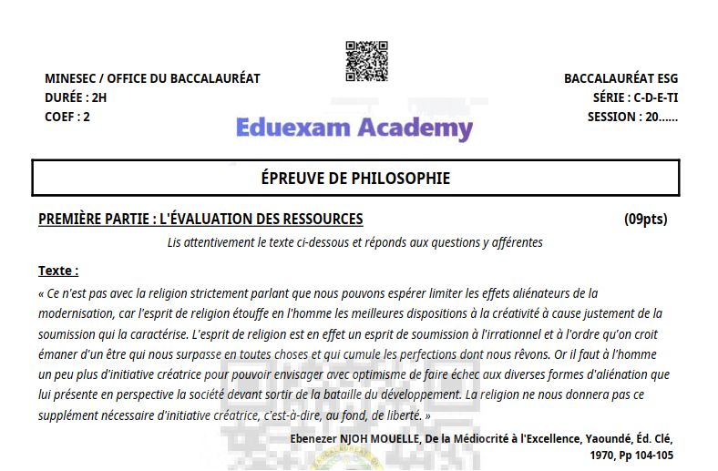 Épreuve de Philosophie au Baccalauréat Séries C, D, E et TI — Session 2026