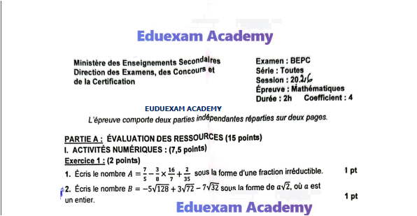 Épreuve de Mathématiques au BEPC — Session 2026