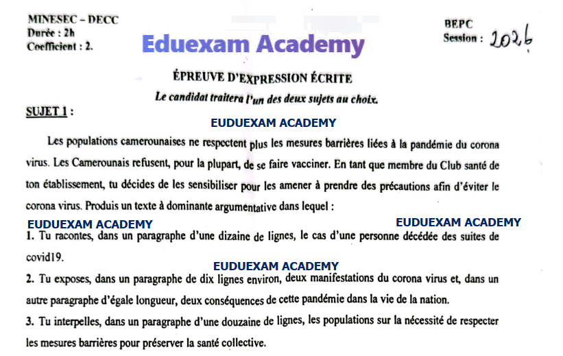 Épreuve de Composition Française (Expression Écrite) au BEPC — 2026