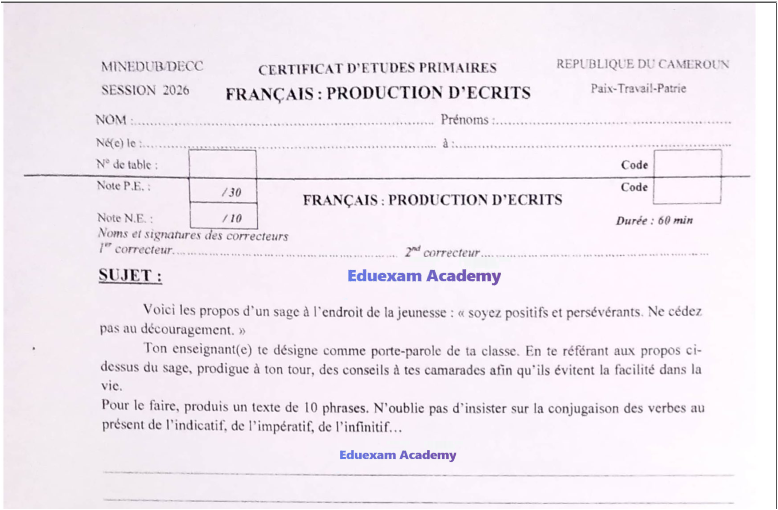 Épreuve CEP Français Production d'Écrits 2026 Cameroun - CM2