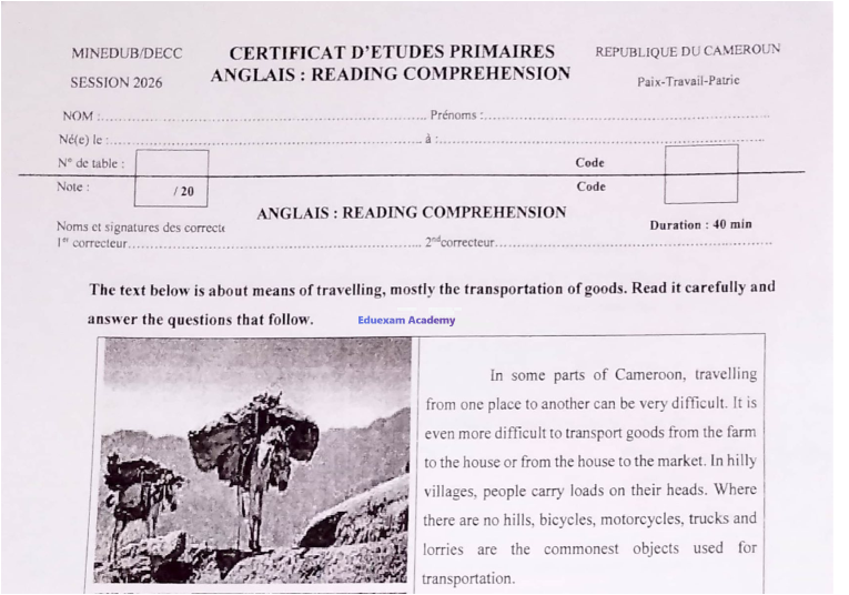 Épreuve CEP Anglais Reading Comprehension 2026 Cameroun - CM2
