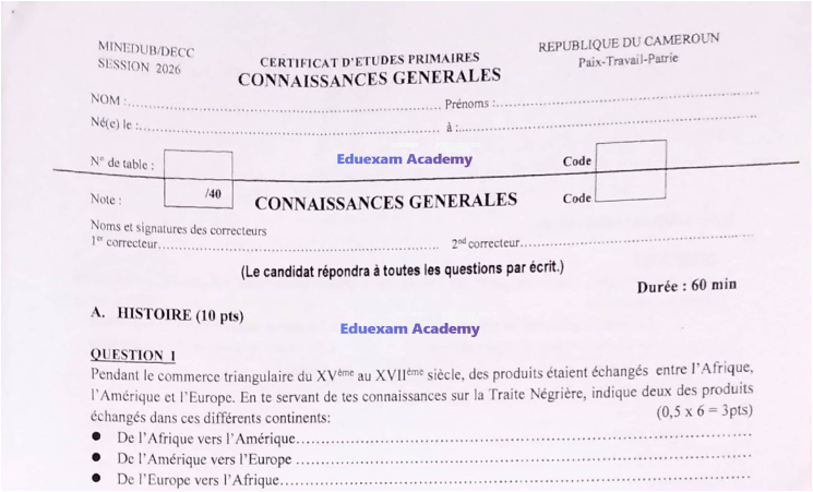 Épreuve CEP Connaissance Générale 2026 Cameroun - CM2 PDF