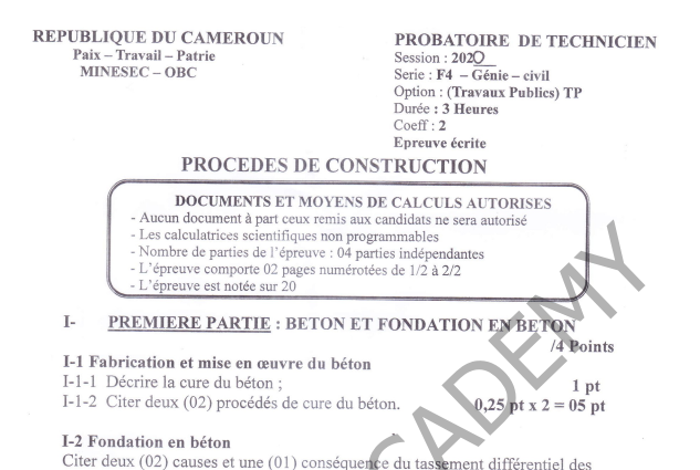 Probatoire F4 Génie Civil 2020 Procédés de Construction Cameroun PDF