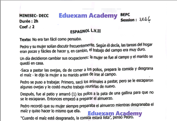Épreuve d'Espagnol (2ème Langue) au BEPC — Session 2026