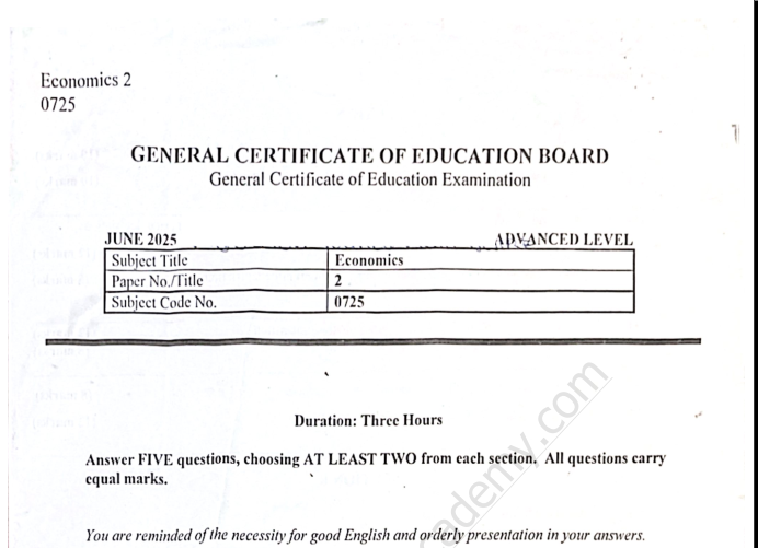 GCE Advanced Level Economics Paper 2 – June 2025