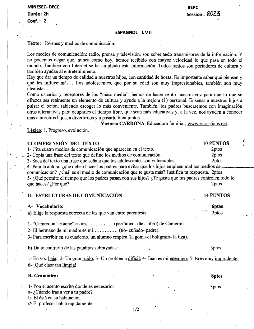 BEPC Espagnol 2023 Cameroun PDF + Corrigé