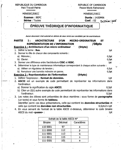Épreuve BEPC Informatique 2025 Cameroun - 3ème Toutes Séries