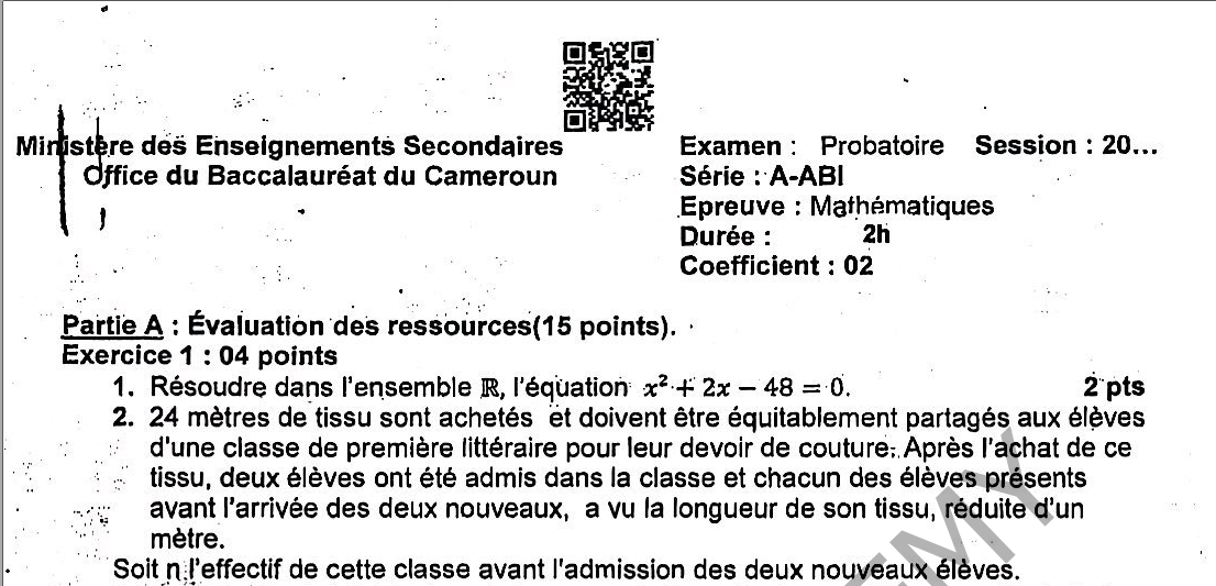 Épreuve Probatoire A 2025 - Maths 1ere 2025