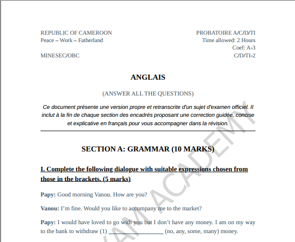 Corrigé officiel Probatoire Anglais C, D, E, TI 2025 PDF Cameroun