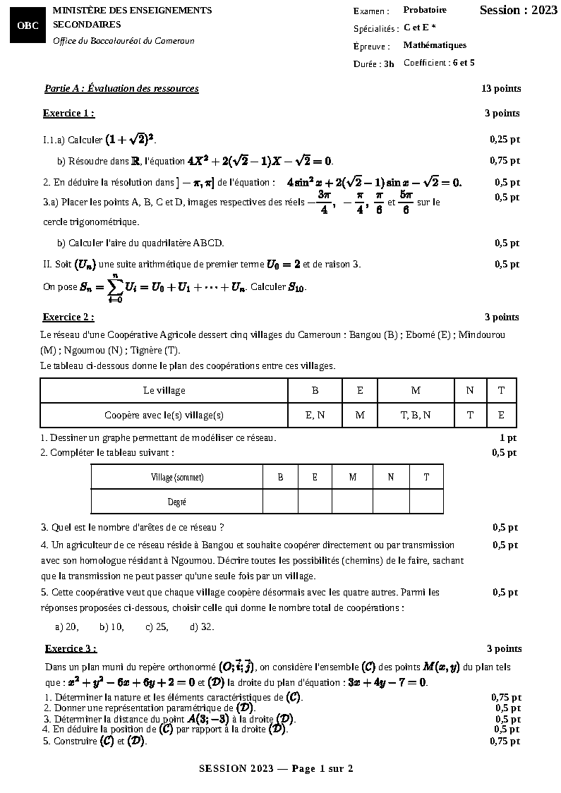 Probatoire C 2023 - Maths