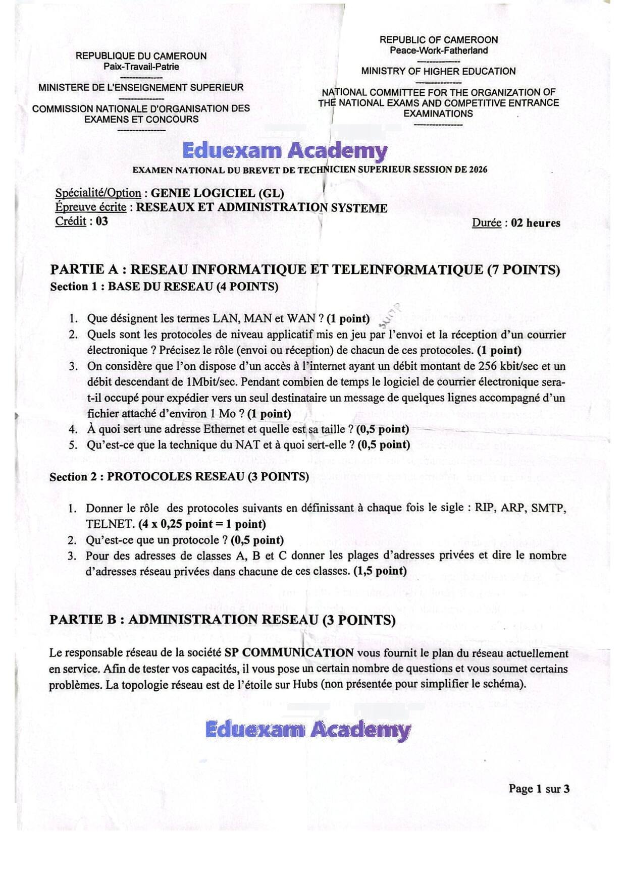 Epreuve Réseaux et Administration Système BTS GL  2026