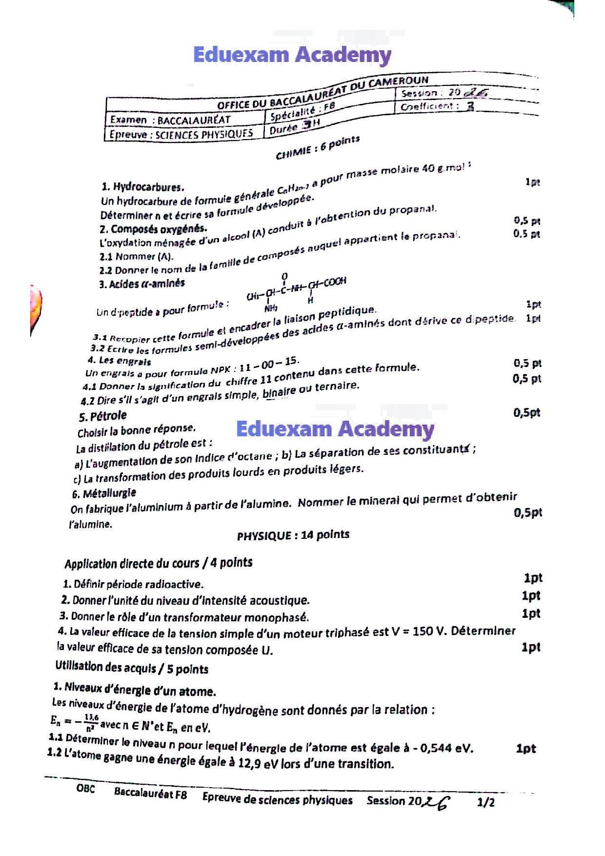 Epreuve de sciences physiques Baccalauréat F8 2026