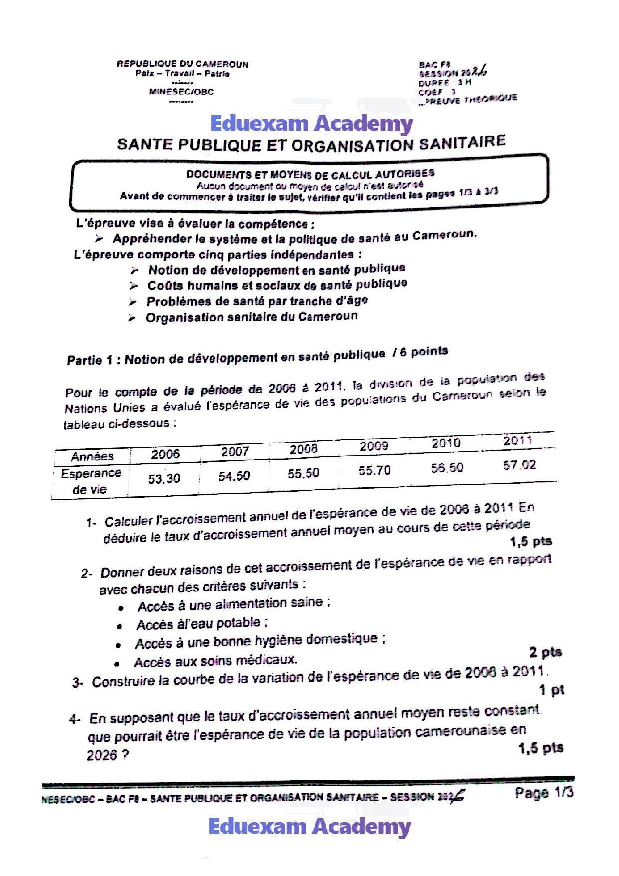 Epreuve Baccalauréat F8 Santé publique et organisation sanitaire 2026