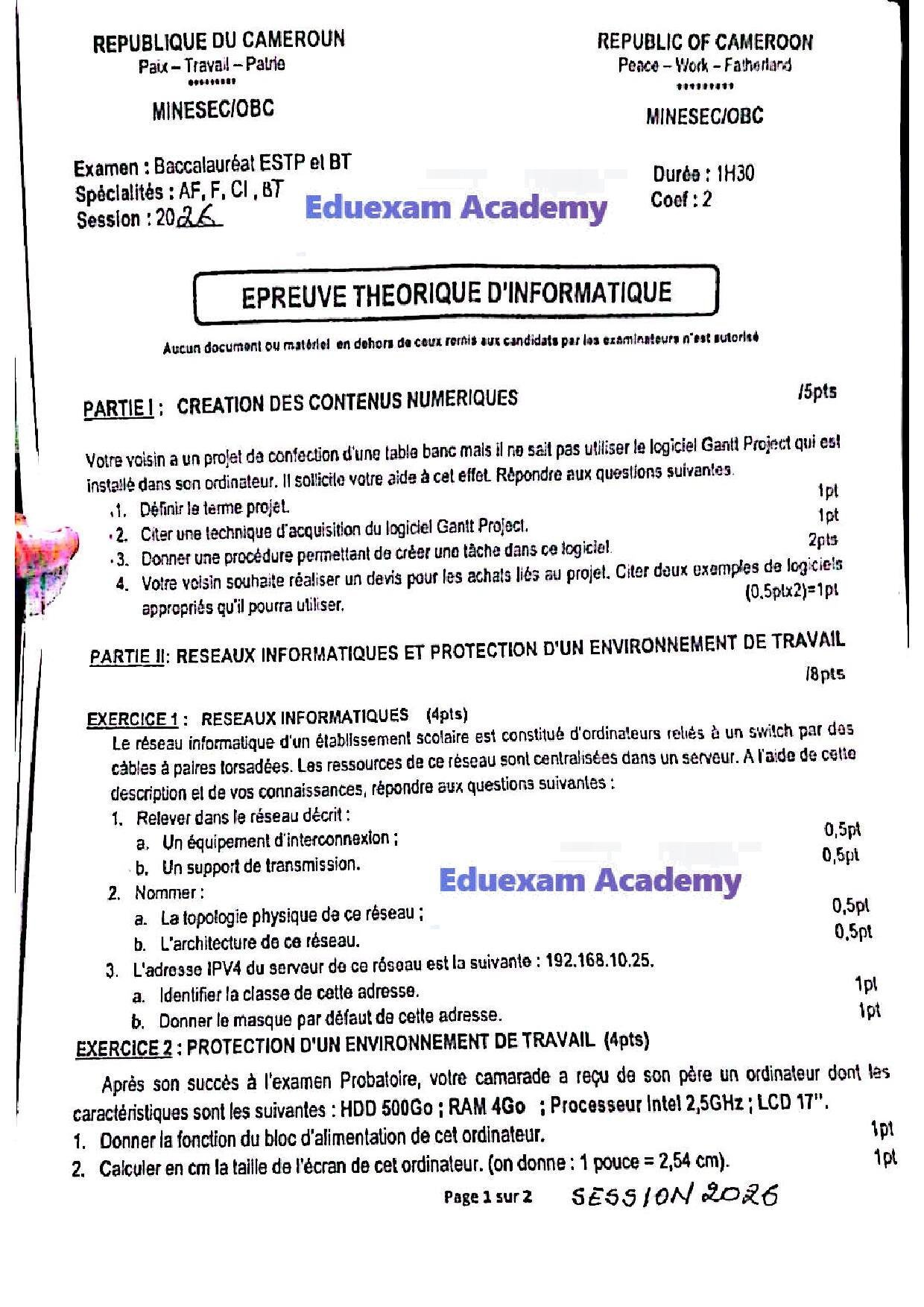 Epreuve Complet Baccalauréat F8 Cameroun 2026