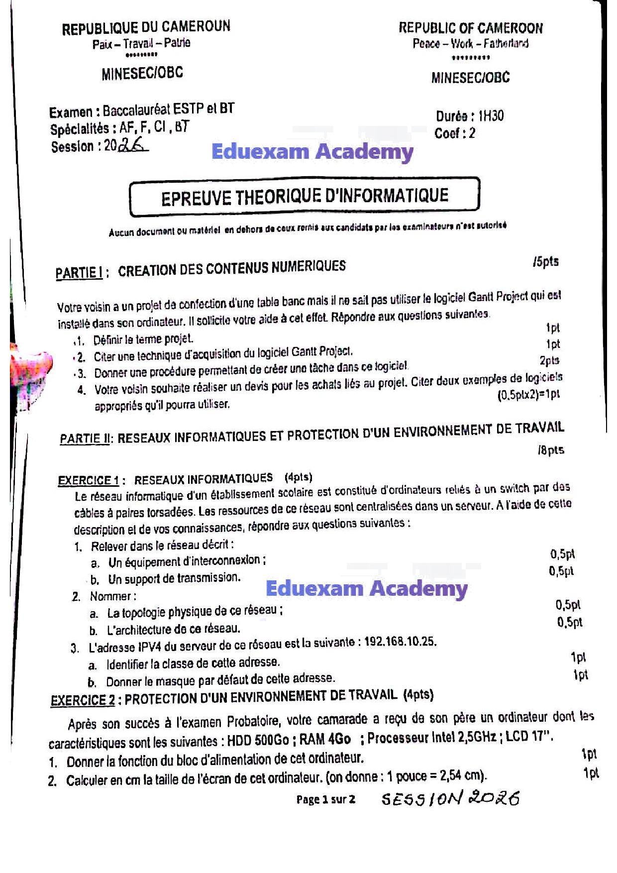 Epreuve théorique d'Informatique Baccalauréat F8 2026