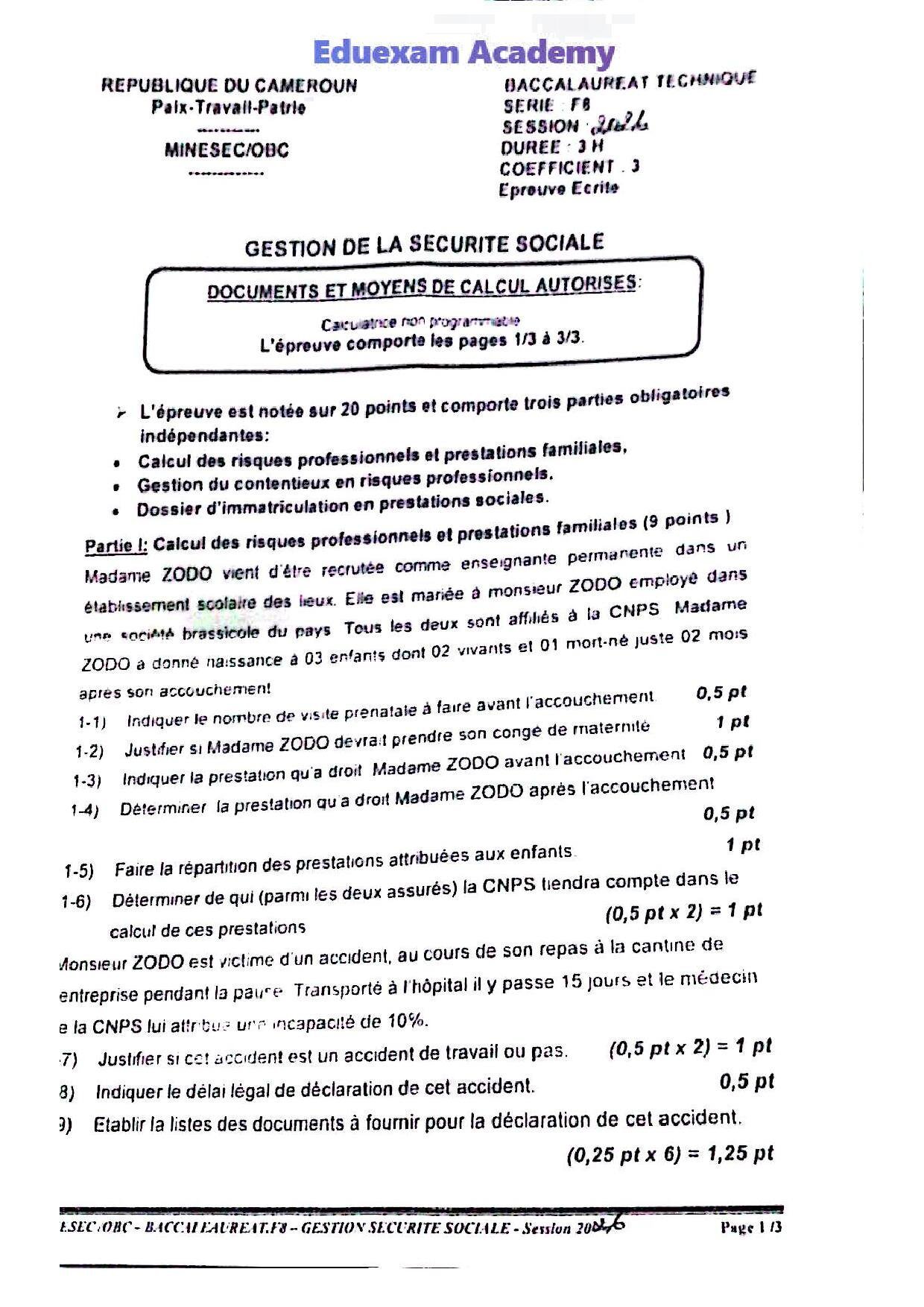 Epreuve Gestion de la sécurité sociale Baccalauréat F8 2026